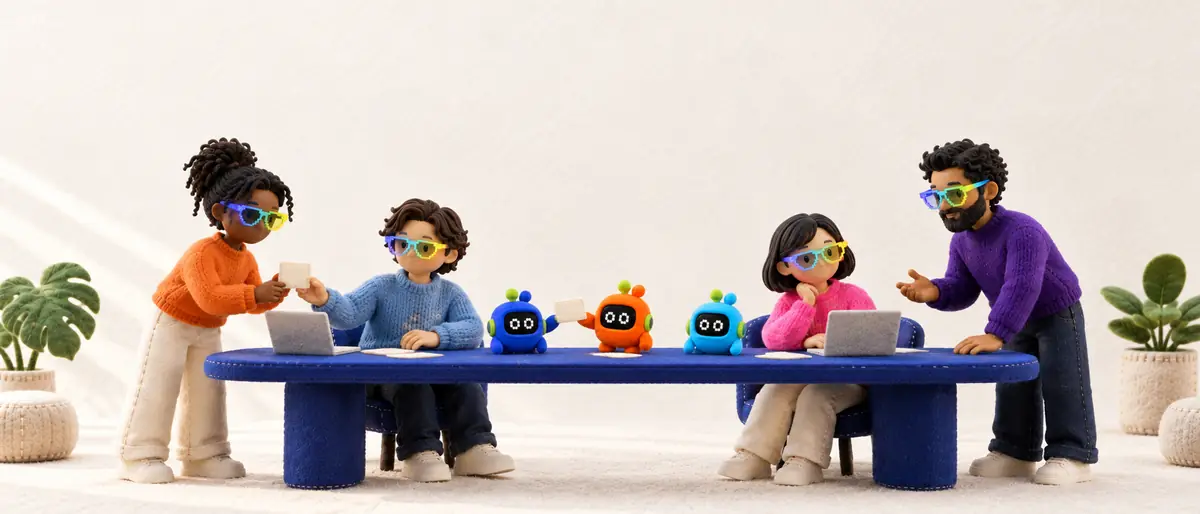A team of felt agents around a cobalt table