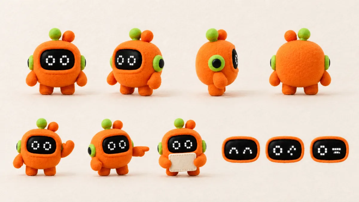 One tangerine agent in many poses: waving, pointing, holding a card
